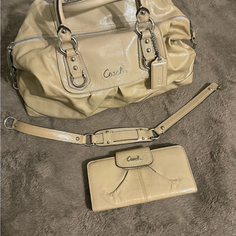 Coach Ashley Beige Patent leather satchel + matching wallet.